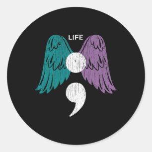 Leben Semicolon Wings Suizidbewusstsein Mentale He Runder Aufkleber
