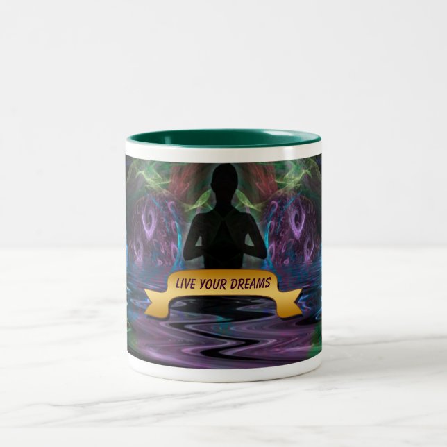 Leben Sie Ihre Träume Yoga Fraktal Kunst Affirmati Zweifarbige Tasse (Mittel)