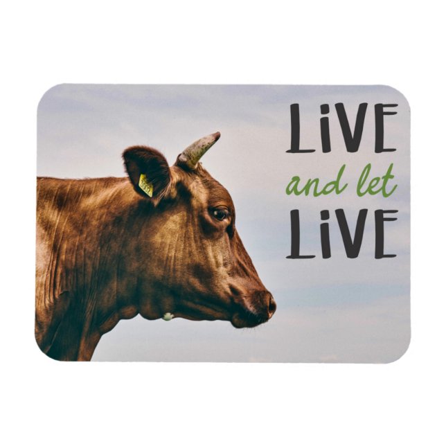 Lebend und gelassen mit braunem Kuhportrait vegan Magnet (Horizontal)