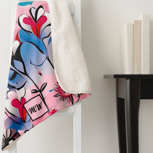 Lebende, blumenreiche Herzen und Blume, Monogramm Sherpadecke (Von Creator hochgeladen)