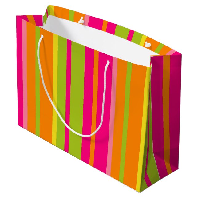 Lebende, heiße rosa, orange, grüne und gelbe Strei Große Geschenktüte (Rückseite Schrägansicht)