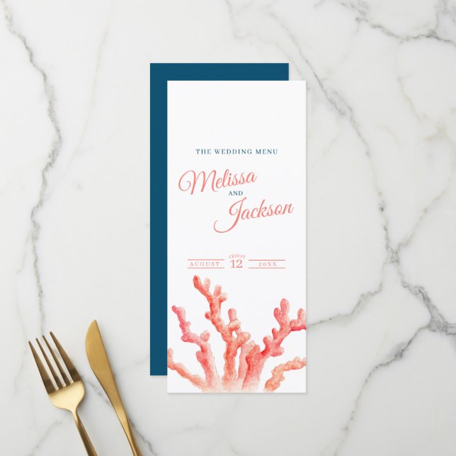 Lebende Korallen Aquarell Hochzeitsmenü Blau Orang Menükarte (Vorderseite/Rückseite Beispiel)
