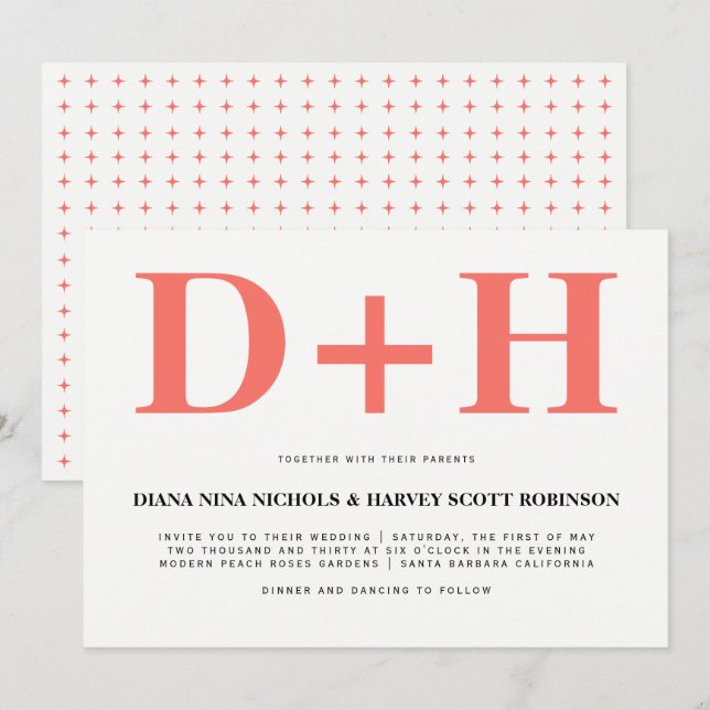Lebende Koralleninitialen mutige Typografie Hochze Einladung (Vorne/Hinten)