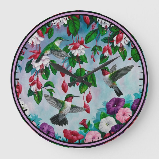 Lebende Vögel im Blumengarten von Fuchsia Große Wanduhr (Vorderseite)
