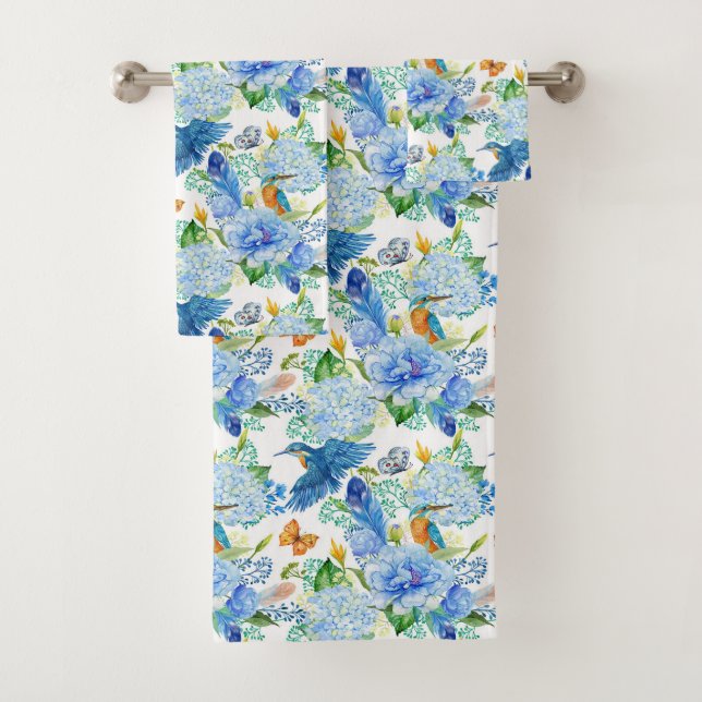 Lebende Vögel und blaues Hydrangea-Handtuch Badhandtuch Set (Insitu)