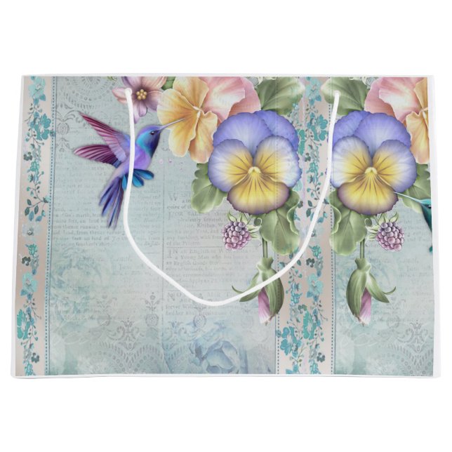 Lebende Vögel und violette Blumen Große Geschenktüte (Vorderseite)