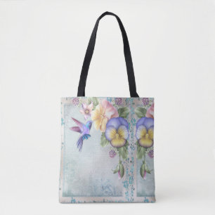 Lebende Vögel und violette Blumen Tasche