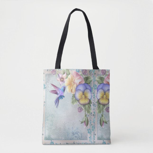 Lebende Vögel und violette Blumen Tasche (Vorderseite)
