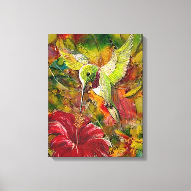 Lebender Vogel mit rotem Hibiskus Leinwanddruck (Vorderseite)