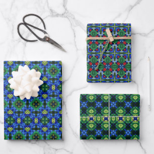 Lebendes geometrisches grünes, blaues, geblümtes G Geschenkpapier Set