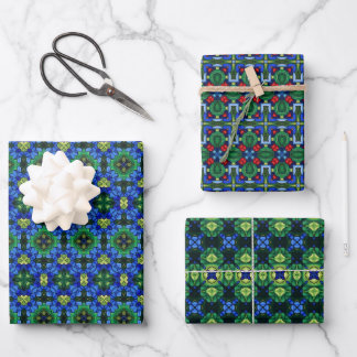 Lebendes geometrisches grünes, blaues, geblümtes G Geschenkpapier Set