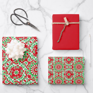 Lebendes rotes, grünes und weißes Muster Geschenkpapier Set