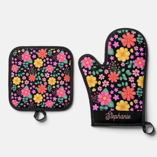 Lebendig florrosa Gelb Personalisiert Ofenhandschuh & Topflappen-Set (Vorderseite)