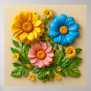 🌸 Lebendige 3D-Blüten, moderne Farbexplosion Poster