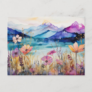 Lebendige Aquarell-Berg-Wildblumen-Postkarte Postkarte
