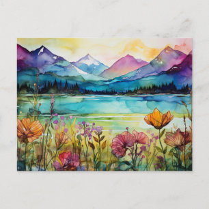 Lebendige Aquarell-Berg-Wildblumen-Postkarte Postkarte