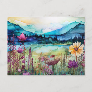 Lebendige Aquarell-Berg-Wildblumen-Postkarte Postkarte