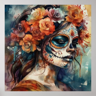 Lebendige Aquarell-Dia-de-los-Muertos-Catrina Poster