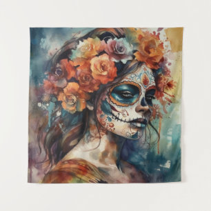 Lebendige Aquarell-Dia-de-los-Muertos-Catrina Wandteppich