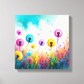 Lebendige Aquarell-Löwenzahn-Wünsche | Bunt  Leinwanddruck