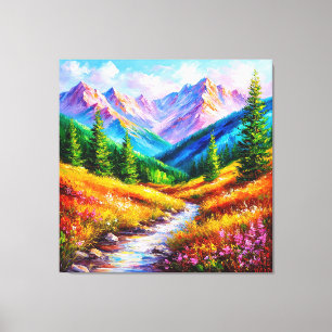 Lebendige Berglandschaft mit Bach und Wildblumen Leinwanddruck