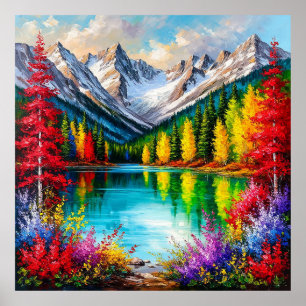 Lebendige Berglandschaft mit farbenfrohen Bäumen Poster