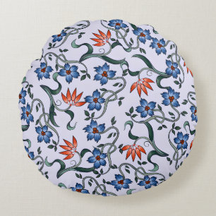 Lebendige blaue Blumenmuster mit grünen Ranken Rundes Kissen