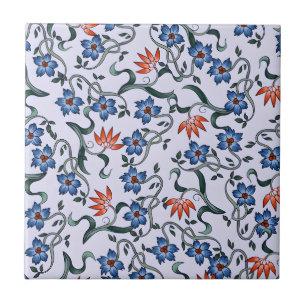 Lebendige blaue Blumenmuster mit grünen Reben Fliese