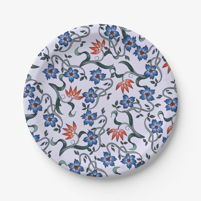 Lebendige blaue Blumenmuster mit grünen Reben Pappteller (Vorderseite)