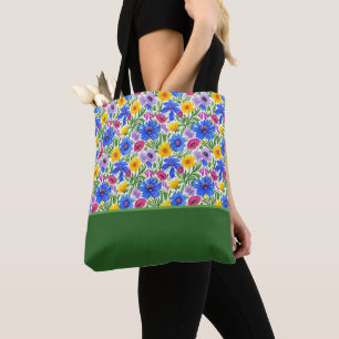 Lebendige Blaue Gelbe Rote Lila Blumen Farbblock Tasche