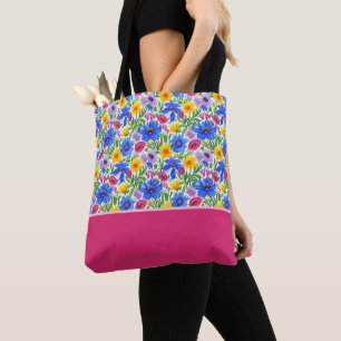 Lebendige Blaue Gelbe Rote Violette Blumen Farbblo Tasche
