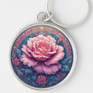 Lebendige blühende Rose, umgeben von aufwändigen D Schlüsselanhänger