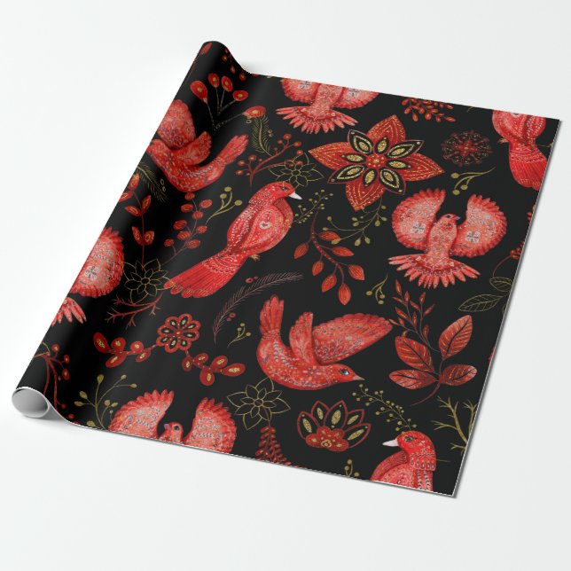 Lebendige Blumen- und Blattmusterdesigns Geschenkpapier (Ungerollt)