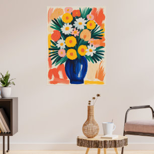 Lebendige Blumenanordnung in blauer Vase Poster