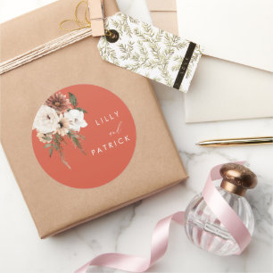 Lebendige Boheme-Blumen-Terrakotta-Hochzeit Runder Aufkleber