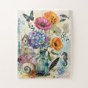 Lebendige botanische Mixed-Media-Collage-Kunst