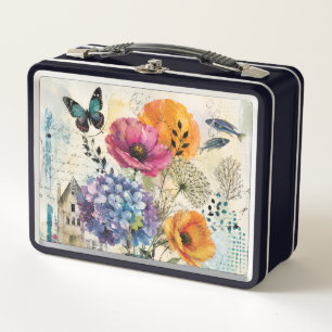 Lebendige botanische Mixed-Media-Collage-Kunst Metall Brotdose