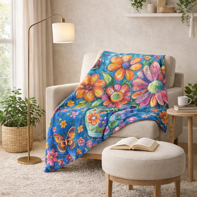 Lebendige Bunte Blumenmuster Sherpadecke (Von Creator hochgeladen)