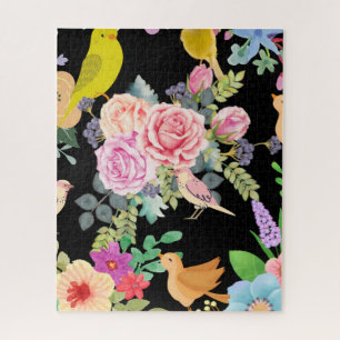 Lebendige bunte Vögel und Blumen Kunst auf Schwarz
