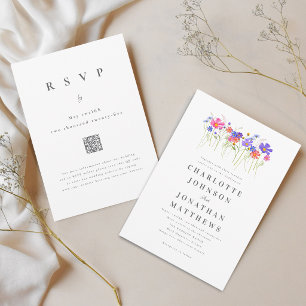 Lebendige Bunte Wildblumen-Hochzeit QR-Code Einladung