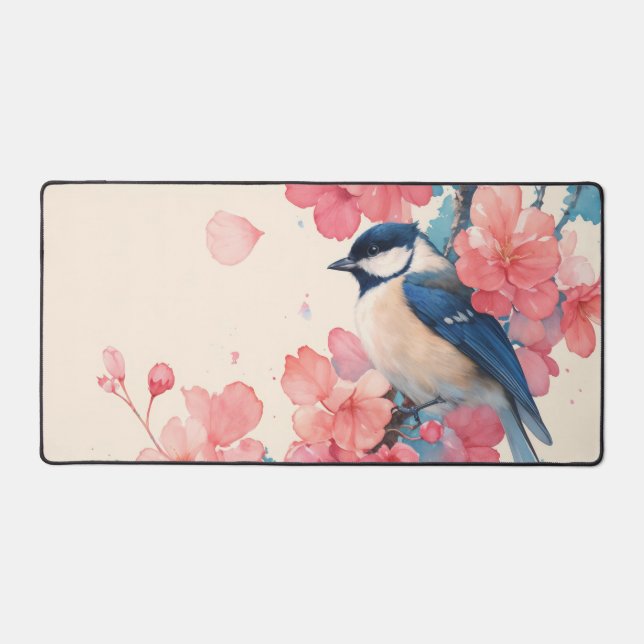 Lebendige Chickadee Hellrosa Kirschblüte Schreibtischunterlage (Vorderseite)