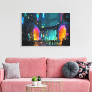Lebendige Cyberpunk-Stadtlandschaft mit Bögen Leinwanddruck
