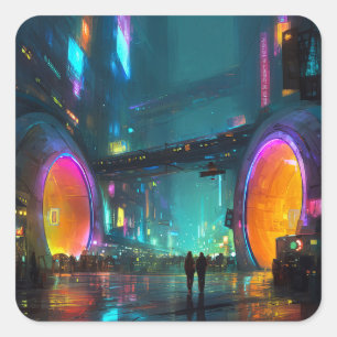 Lebendige Cyberpunk-Stadtlandschaft mit Bögen Quadratischer Aufkleber