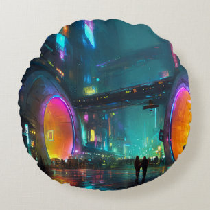 Lebendige Cyberpunk-Stadtlandschaft mit Bögen Rundes Kissen