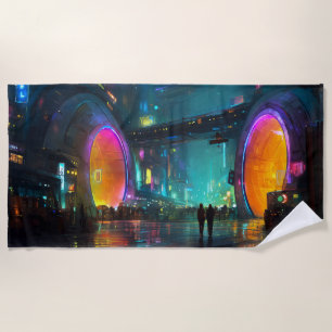 Lebendige Cyberpunk-Stadtlandschaft mit Bögen Strandtuch