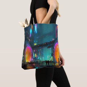 Lebendige Cyberpunk-Stadtlandschaft mit Bögen Tasche
