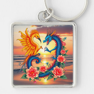 Lebendige Dragon- und Phönix-Kunst mit Blumen Schlüsselanhänger