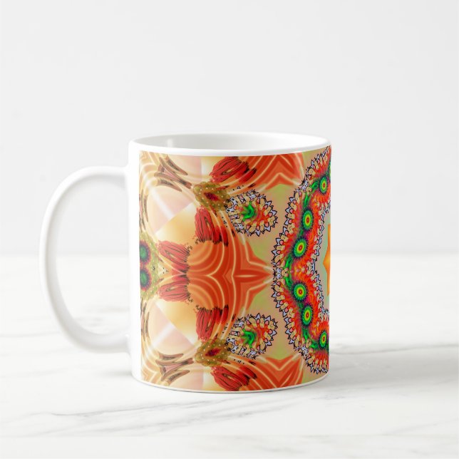 Lebendige Energiefarben: Mandala-Design. Kaffeetasse (Links)