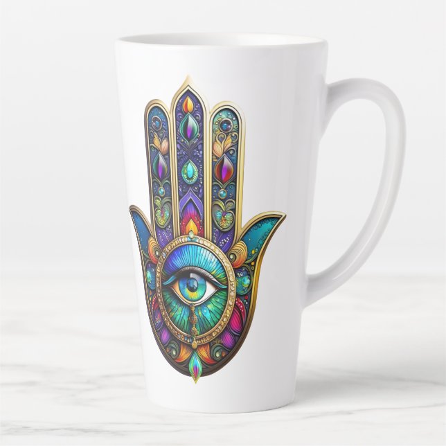 Lebendige Farben Hamsa Türkis Gelb Drittes Auge  Milchtasse (Rechts)