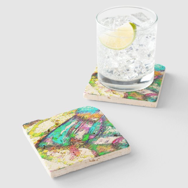 Lebendige Farben - Rustikal und grob wie Raub Steinuntersetzer (Seitenansicht)